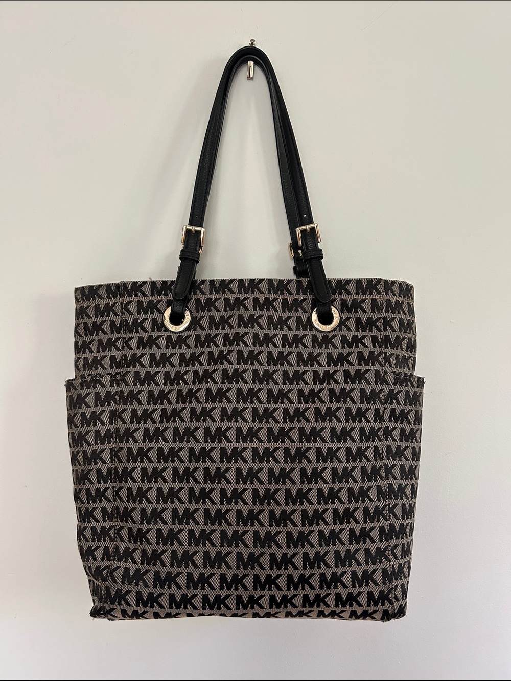 Michael Kors Large Black & Beige MK Logo Canvas Tote Shoulder Bag NWOT
